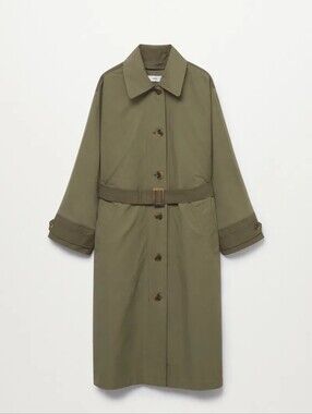 Mango Olive Green Water-Resist Trench Coat Zipout Lining Batwing Sleeves MEDIUM